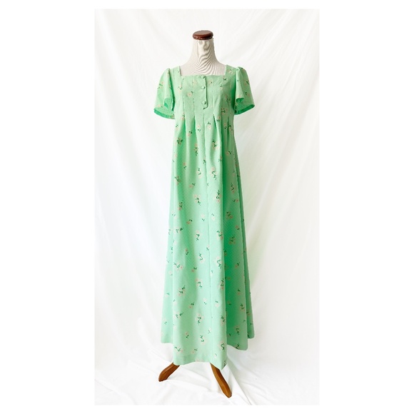 Vntg 70s Sea Foam Green Daisy Print Dress Medium - Picture 1 of 5